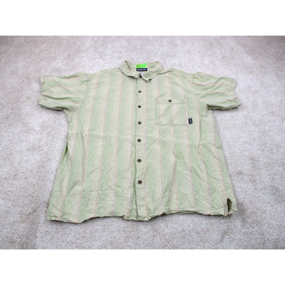 Patagonia Shirt Men L Green Migration Hemp Organic Cotton Short Sleeve Button Up